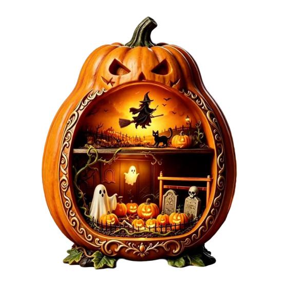 Rustic Halloween Tabletop Decor Centerpiece Pumpkin, Wooden Pumpkin Ornament with Miniature Scenes, Jack-o'-lantern Table Decorations Skeleton