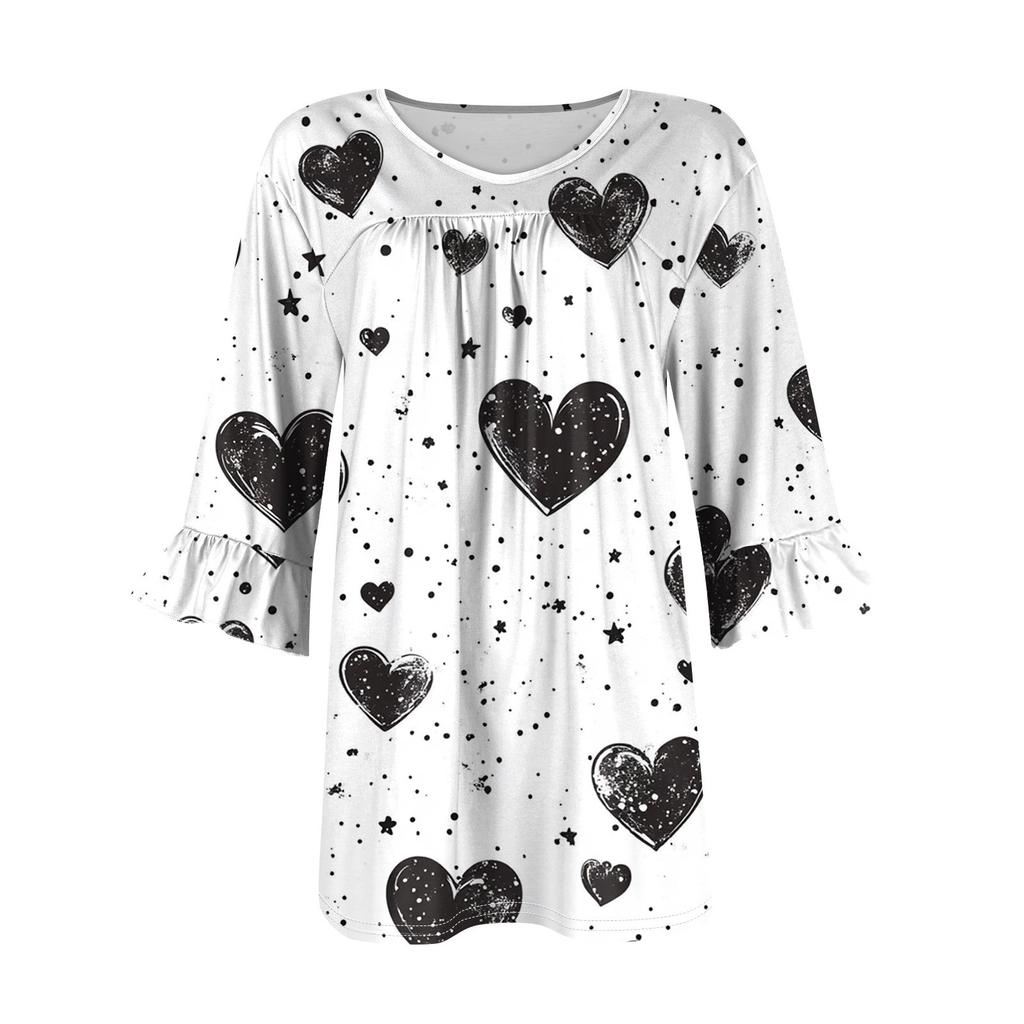 Women's Fashion Casual Printed V-Neck Pleated Seven Minute Sleeve Ruffle Sleeve T-Shirt Plus Size Tops