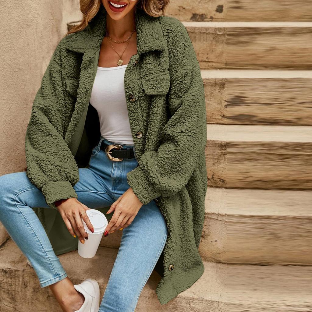 Women's Fashionable Solid Color Long Sleeved Lapel Button Plush Warm Loose Jacket