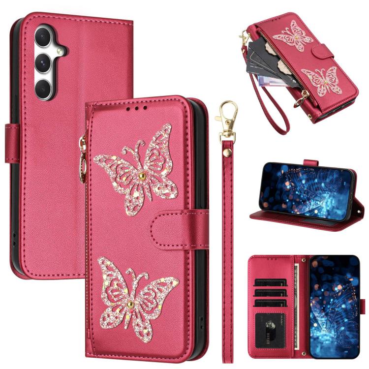Glitzer Schmetterling Reißverschluss Veganes Leder Handyhülle Für Galaxy A07 4G / A06 5G / A06 4G, Kartenhalter Handgelenkschlaufe Stoßfeste Hülle
