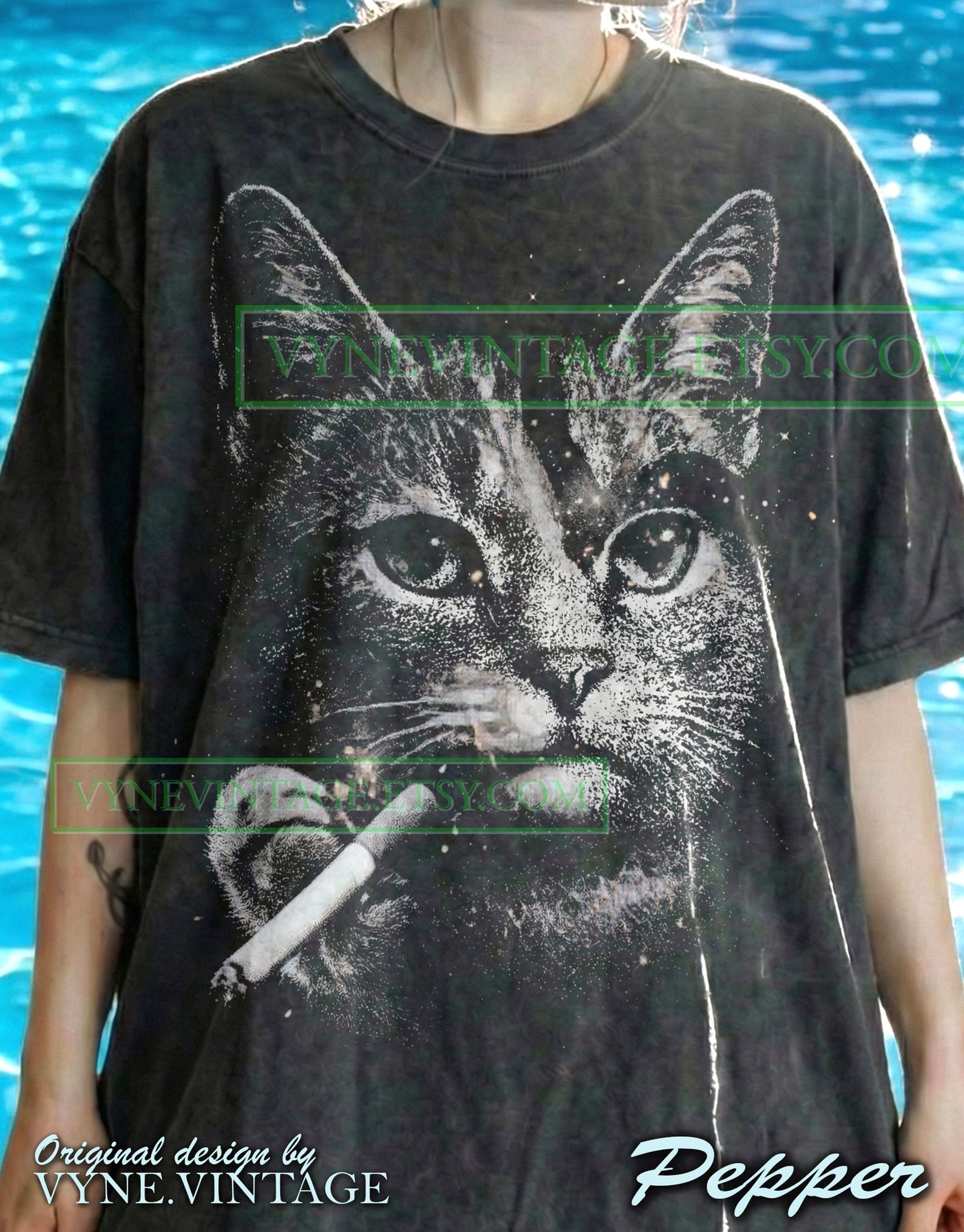 Smoking Cat Comfort Colors® Tshirt, Cigarette Tees, Retro Vintage Sweater, Black White Tanktop, Edgy Feline Cool Kitten Surreal Art XL