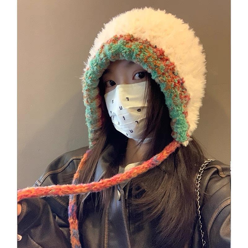 New Plush Hat Women's Autumn and Winter Warm Ear Protection Wool Hat Shows a Small Face Knitted Hat Bag Dual-purpose