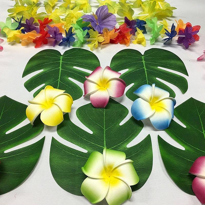 Vibrant Green Polyester Leaves Set For Tropical Hawaiian Luau And Moana Party Decorations