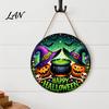 Halloween Gift for Friends Happy Front Door Hanging Sign, Retro Round Witch Hat Magic Cauldron Horror Fantasy Dark Theme Decor Wooden Welcome Pendant