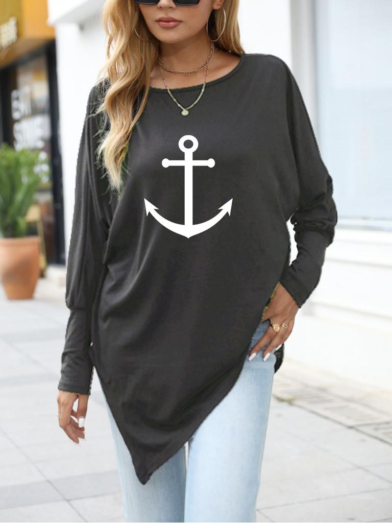 Women's Oversize Long-Sleeve Fashion Printed Logn Sleeve Top Spring/Fall Asymmetrical Hem T-Shirt