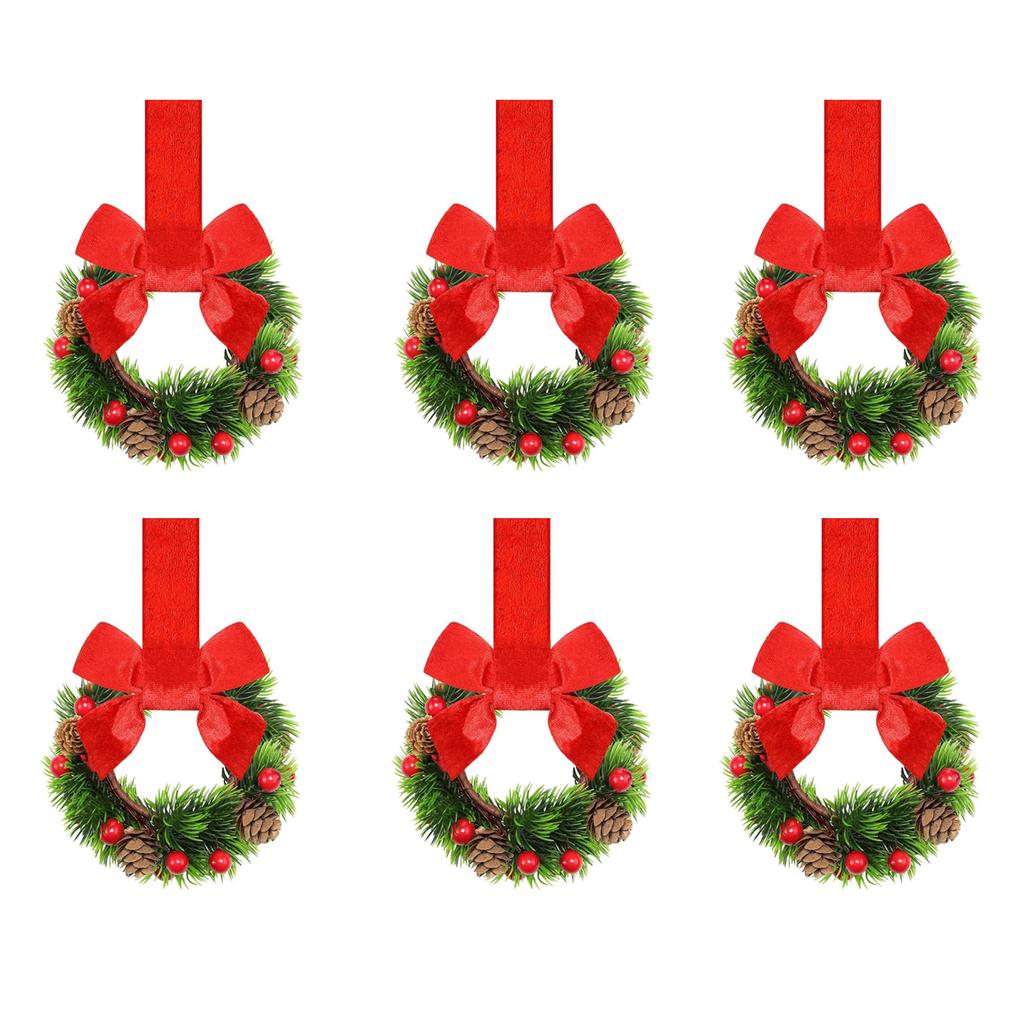 6PCS/SET Christmas Kitchen Cabinet Wreaths with Ribbon Mini Christmas Wreath Small Kitchen Xmas Decor for Window Door