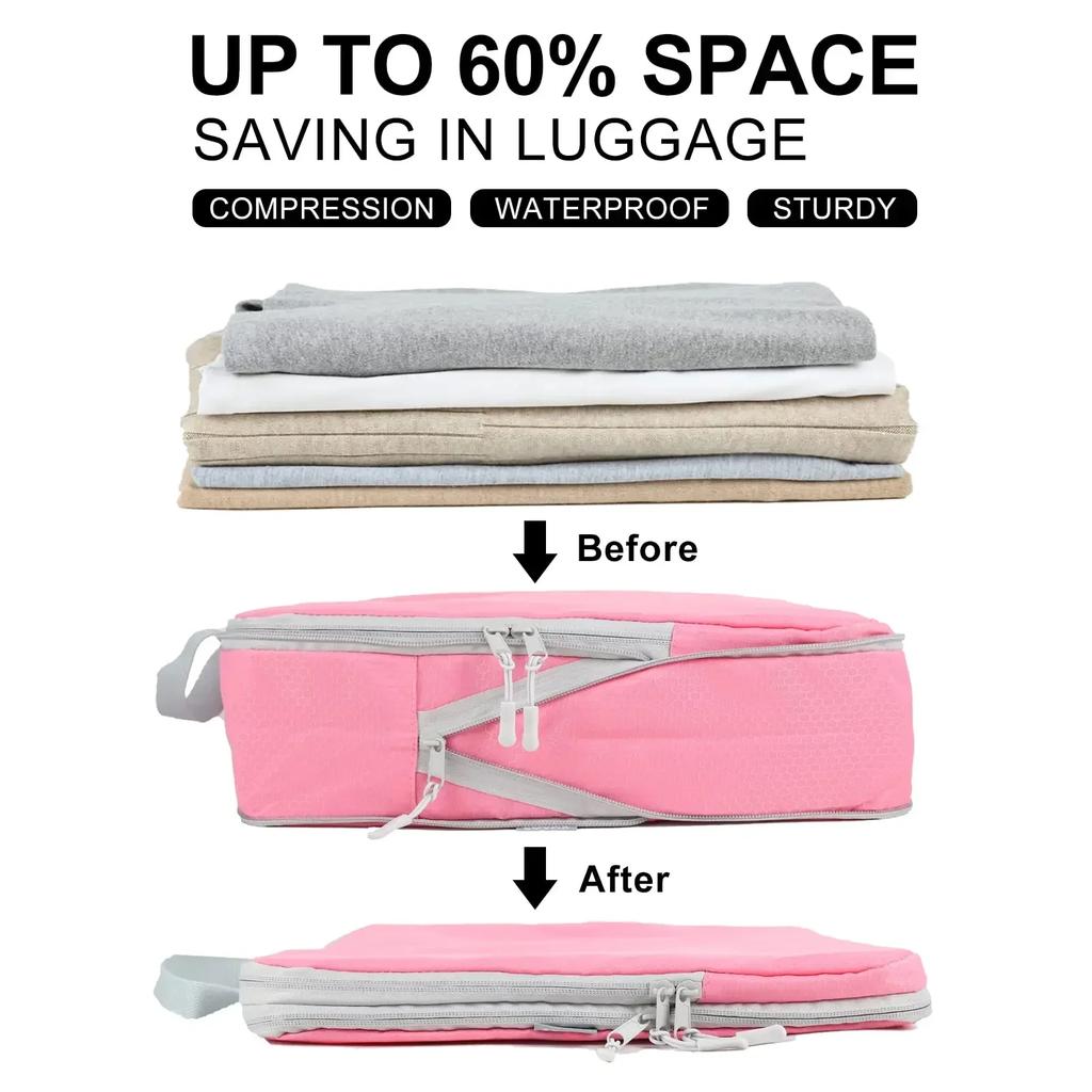 Luggage Organizer Set Travel Compression Packing Cubes Suitcase Zipper Foldable Storage Bag for Clothes Shoes Accessories