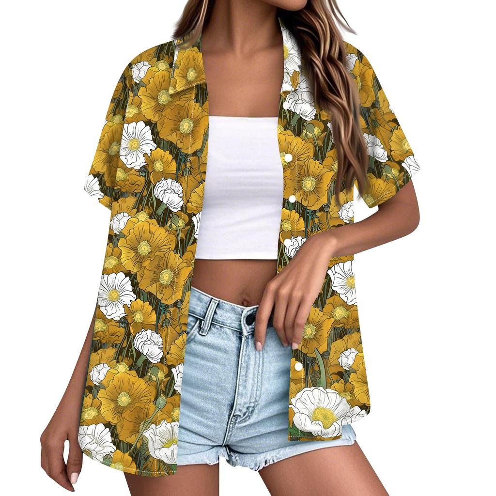 Women's Casual Short Sleeve Button Down Shirt Hawaiian Print Open Front Collar Blouse Lightweight Summer Top