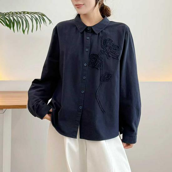 2026 Spring/Fall Women's Brushed Long-Sleeve Shirt with 3D Rose Design, Ideal for Layering.