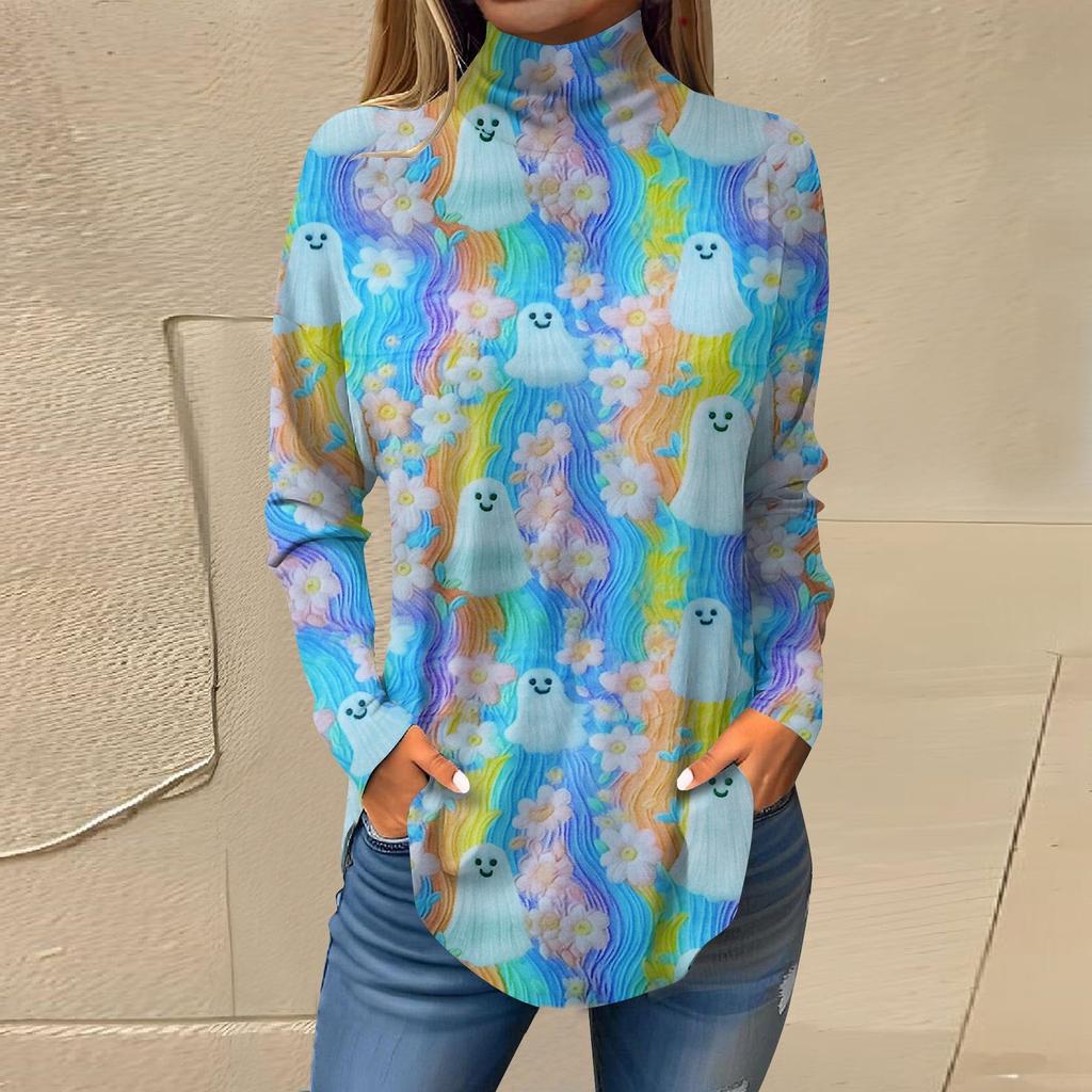 Dam Lös Höghalsad Tryckt Långärmad T-shirt Topp Pullover För Halloween