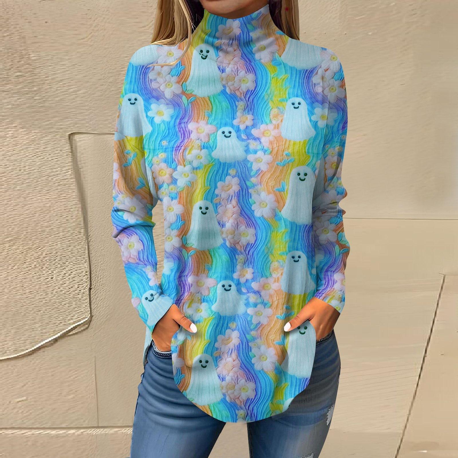 

Женская свободная футболка с высоким воротом и длинными рукавами, топ-пуловер на Хэллоуин S