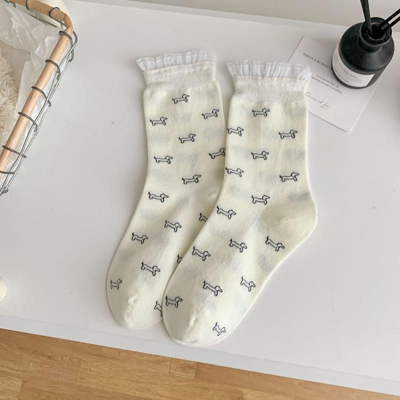 

Кружевные носки с бахромой, Милый щенок, Носки-гольфы средней длины, Длинные носки, Носки из чистого хлопка 1 pair молочный белый