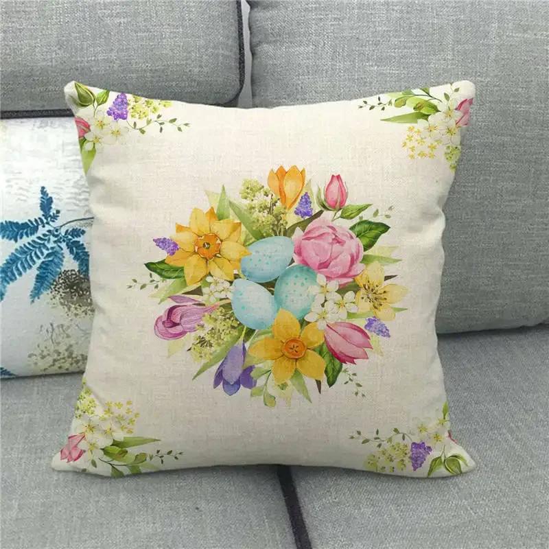 Easter Cushion Cover Cute Bunny Eggs Printed Pillow Covers 18x18 Inches Easter Decorations Hare Rabbit Flower Linen Pillowcase