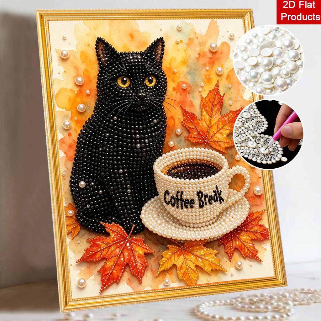 Framed Pearl Painting Kit Black Cat Coffee Break Autumn Leaves 3D Shiny Bead Art Canvas for Bedroom Living Room Decoration