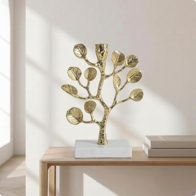 Tree Branch Candlestick Toned Candle Holder with Marble Base Shiny Decor for Living Room, Entryway,