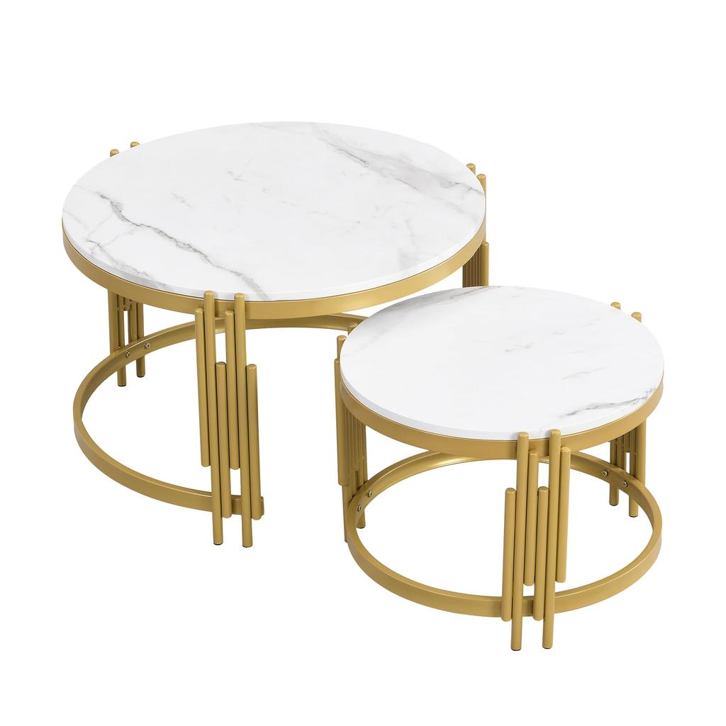 Modular Coffee Table Set, Marble Look, Golden Metal Frame, Round Tables In 2 Sizes, Nestable Design, Space-saving, Artistic Table Legs