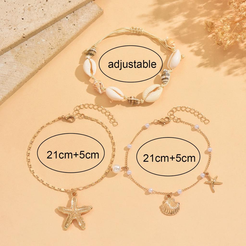 Bohemian Zinc Alloy Shell Waterproof Anklets Gold Plated 3pcs/set Sea Star Shell Conch Foot Chain for Summer Beach Women