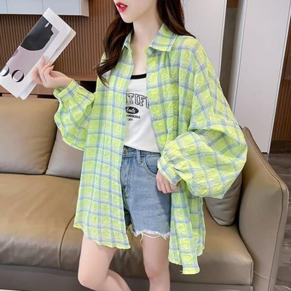 Navava Women Casual Seersucker Check Long Sleeve Shirt Nb2714