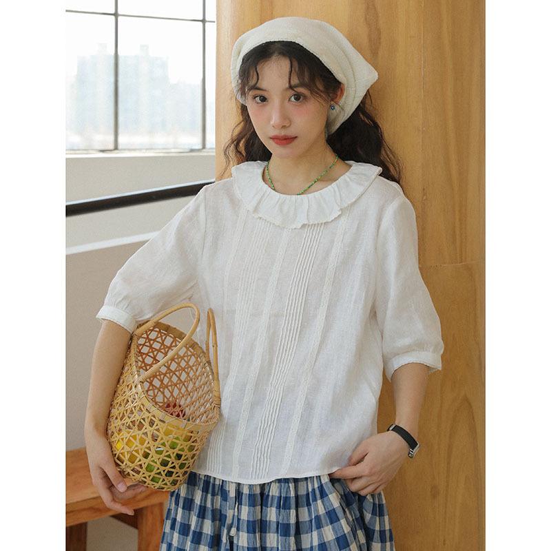 

Summer models know literature and art Xiaoqing doll collar pleated five-quarter sleeve shirt women S