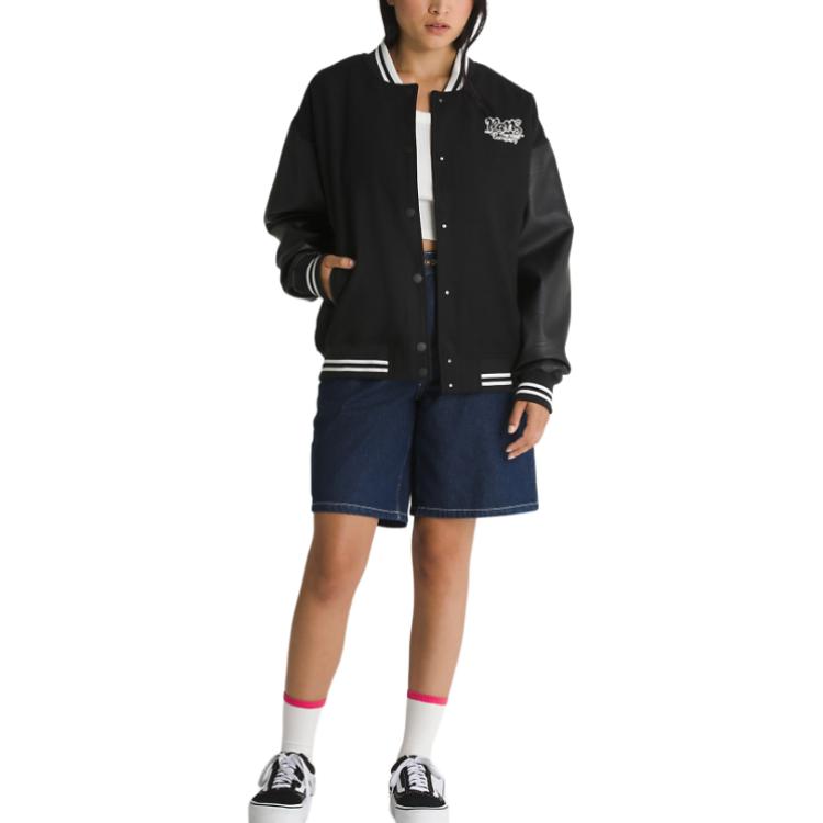 Vans Varsity Club Bomber Jacket Loose Striped Letter Print Jacket Women Jacket Black VN000GJRBLK