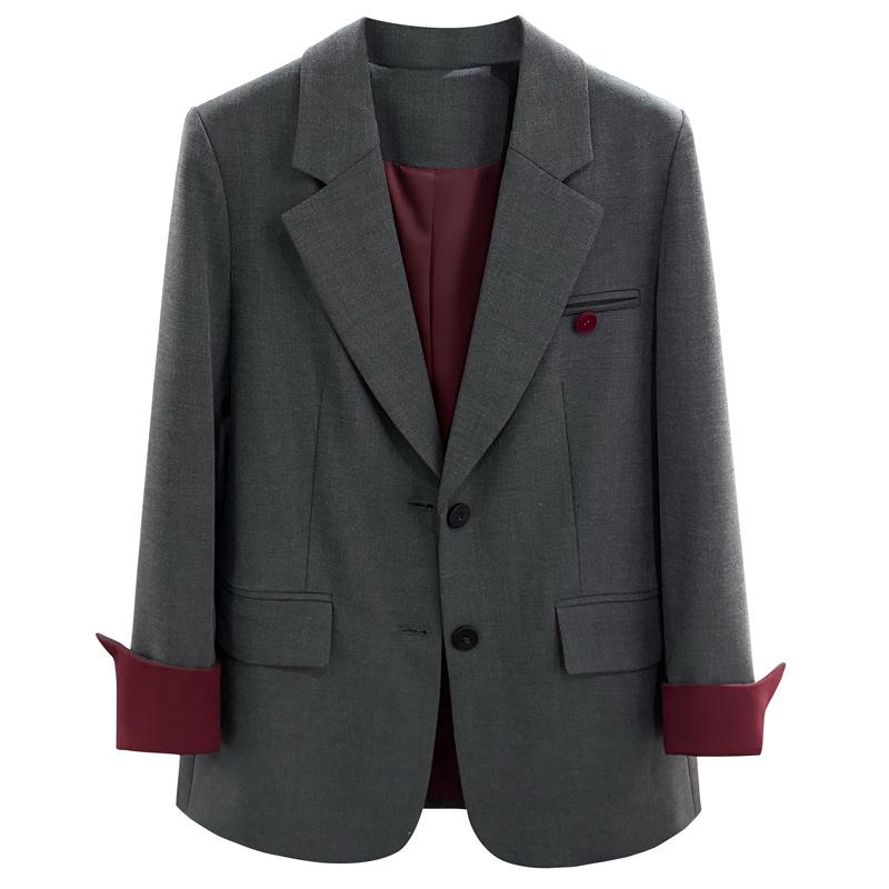 Ancola Damen Rot-Grau Patchwork Altersreduzierender Anzugjacke - 2025 Trendiger Streetstyle für Frühling & Herbst