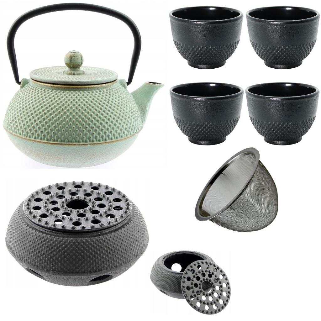 CAST IRON KETTLE 0.8L TEA POT WITH TEA INFILTER + 4x CUPS WARMER