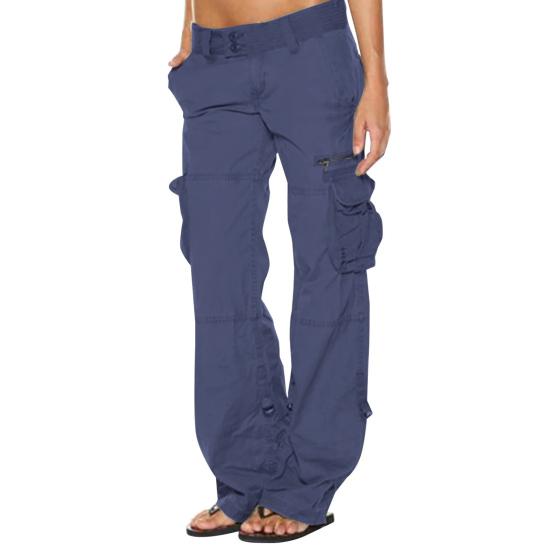 Women Cargo Pants Low-rise Multi-Pocket Design Wide Waist Retro Style Cropped Overalls Solid Color Straight Leg Work Pants