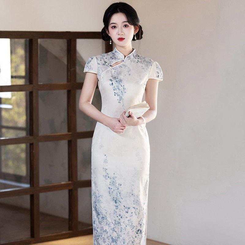 Elegant Modern Cheongsam Dress Women 2026 Lightweight Stretchable Cotton Blend Long Qipao With Stand Collar Design