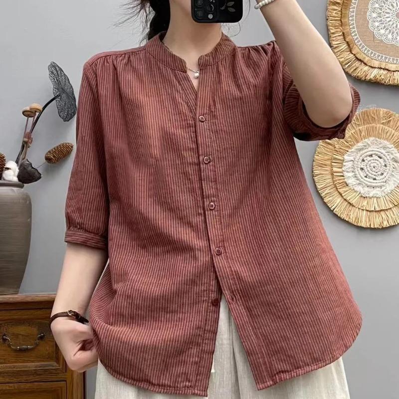 Womens Casual Red Stripe Linen Blend Button Down Shirt Summer Top