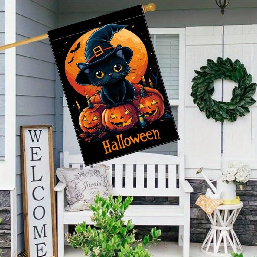 One Piece of a Garden Flag Featuring a Halloween Theme with a Witch Hat, Black Cat, Pumpkin Lantern, And Full Moon, Measuring 28 by 101.6 cm, Designed
