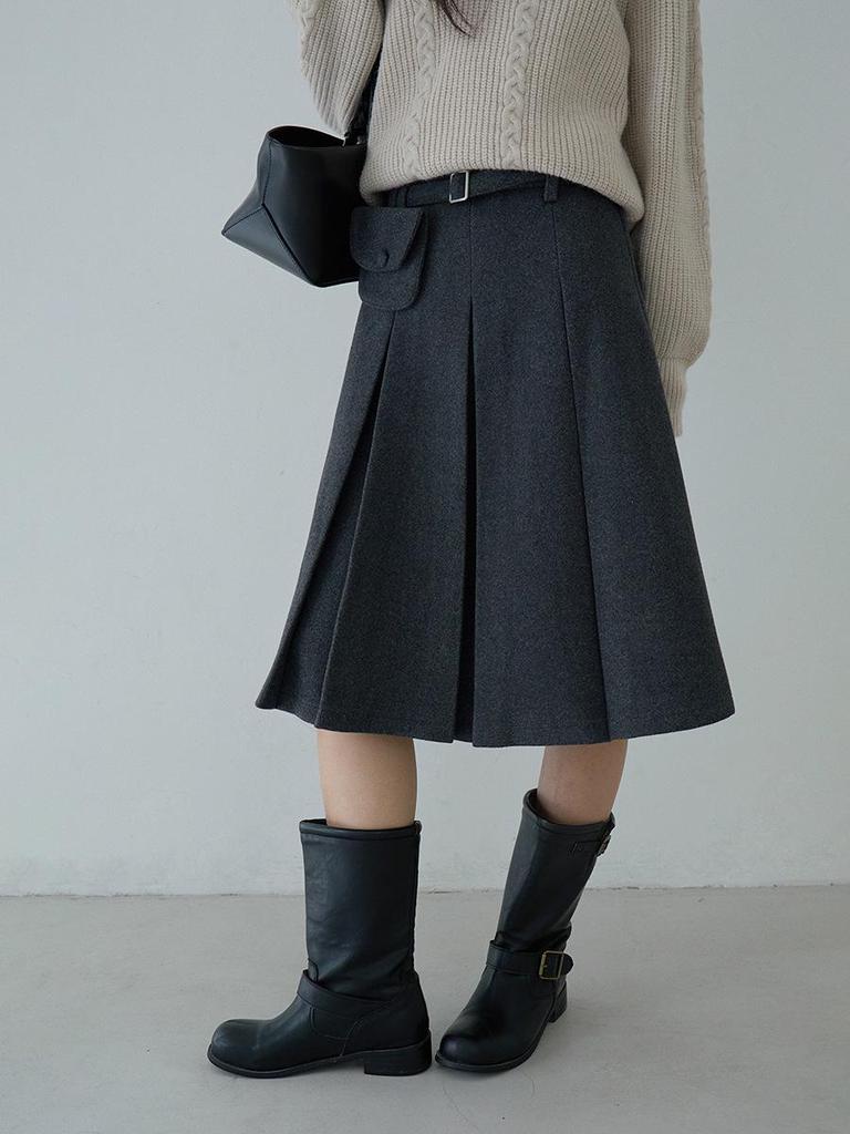 Ou Fan Women's Korean Style Pleated Wool Midi Skirt - High Waist A-line, Grey