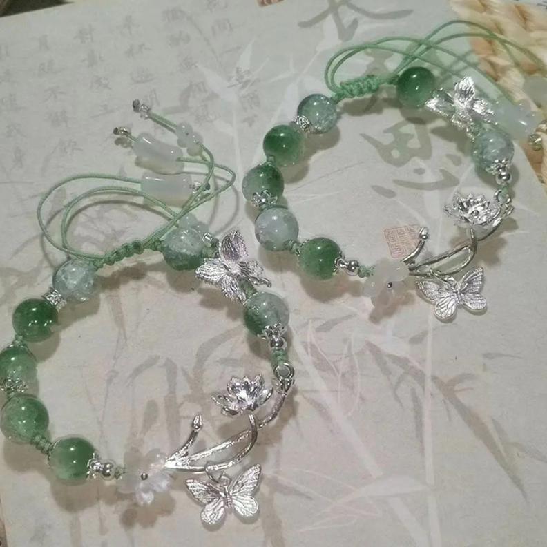 Chinese Style Lotus Butterfly Beaded Bracelets for Women Fashion Green Bead Handmade Bracelets Exquisite Sweet Zircon Gifts