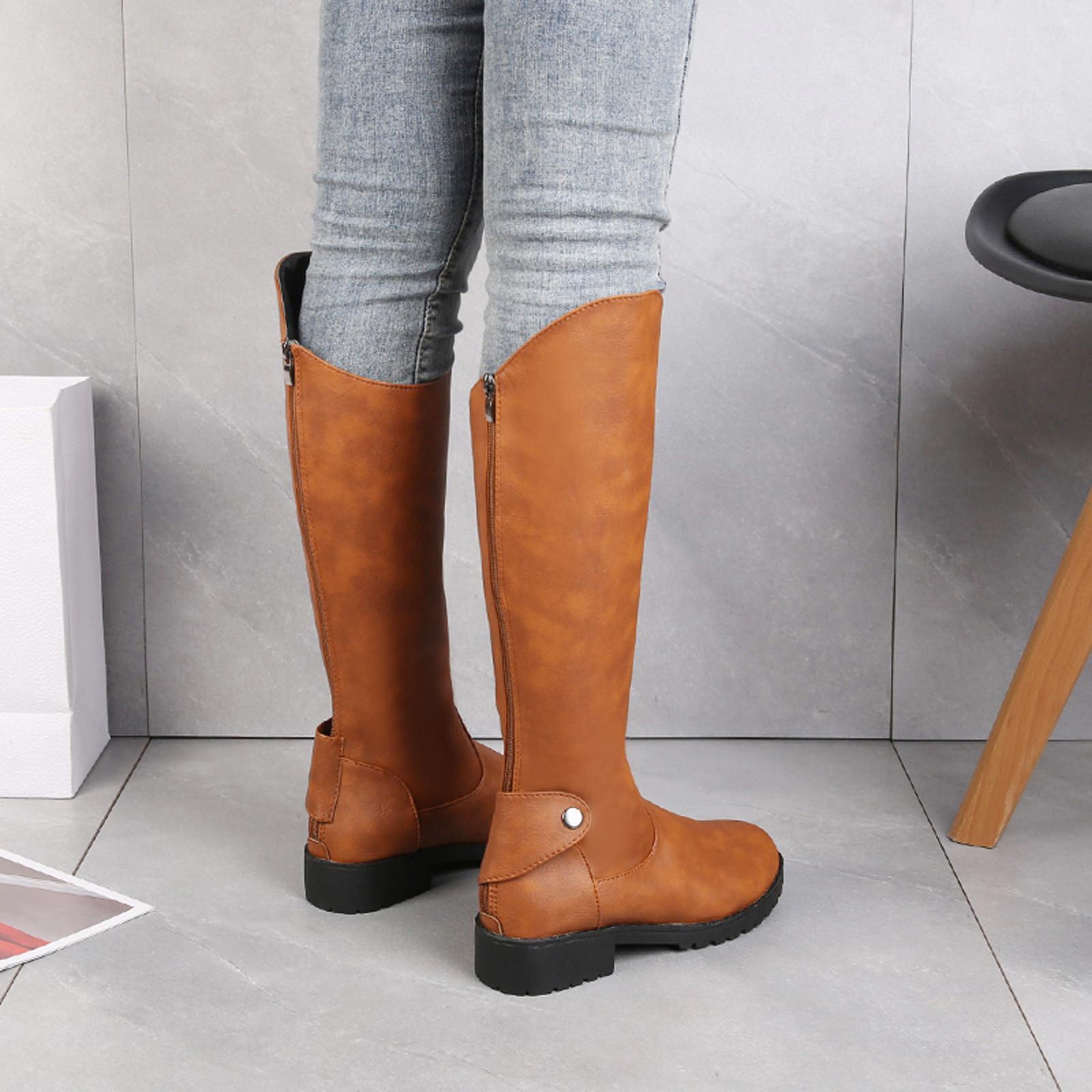Women s Fashion Boots High Tube Boots Low Heel Motorcycle Boots Zipper Boots 37
