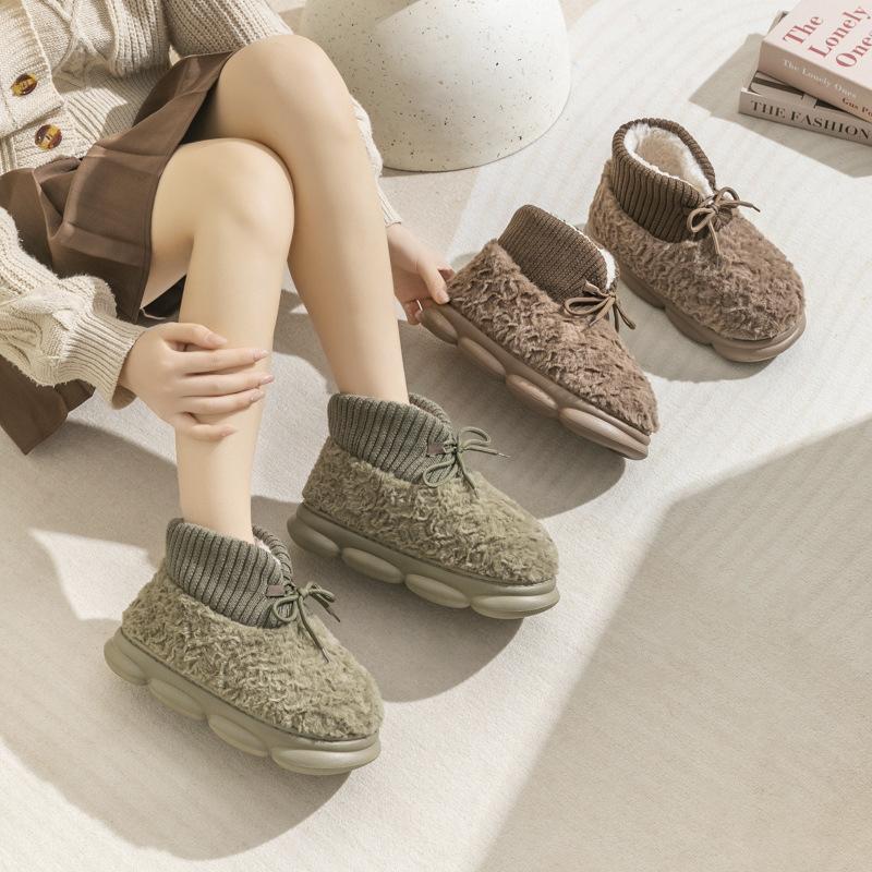 New Fluffy Strap Cotton Shoes Winter Velvet Cotton Slippers Outer Wear Cotton Boots Thick Sole High Heel