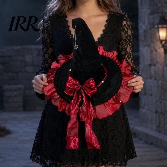 Black Witch Hat Halloween for Women, Velvet Wizard with Ruffle High-quality Brim And Bow Party, Masquerade, Cosplay Costume Accessory Bendable