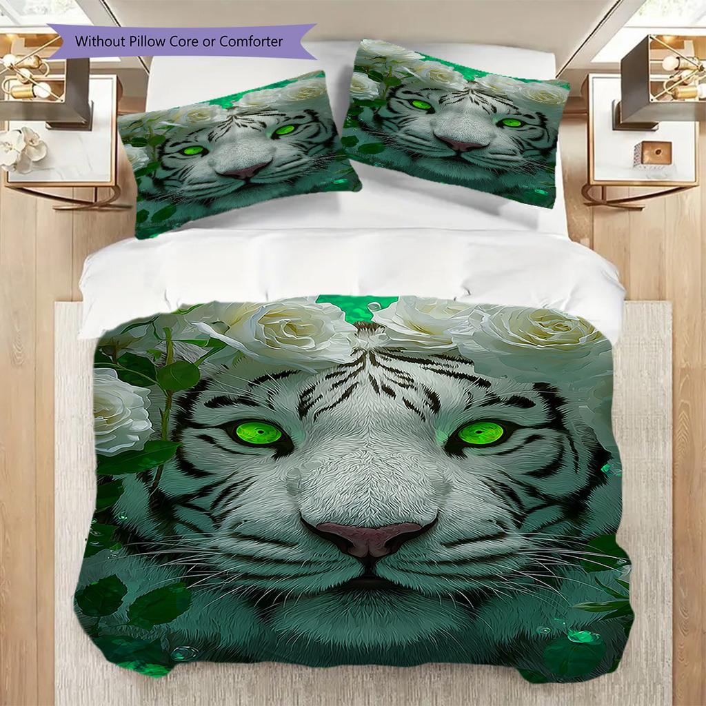 White Tiger Pattern Bedding Quilt Set Quilt Cover Pillowcase Home Decoration Birthday Gift (1 * Duvet Cover + 2 * Pillowcase, Without Core)