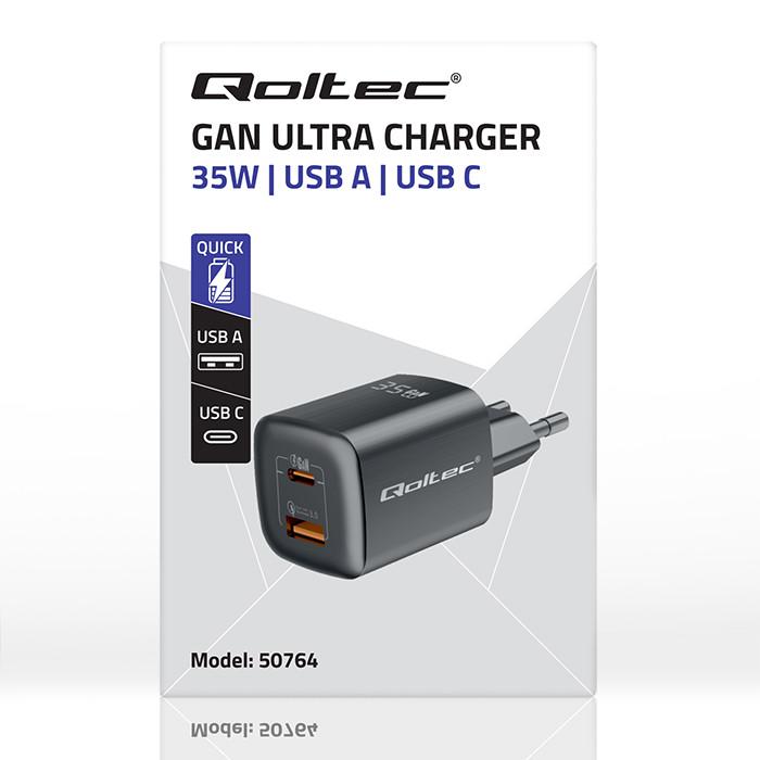 Qoltec Ładowarka Sieciowa 35W Gan Ultra | 5-20V | 2.25-3A | 1 X Usb Typ C Pd | 1 X Usb Qc 3.0 | Czarna