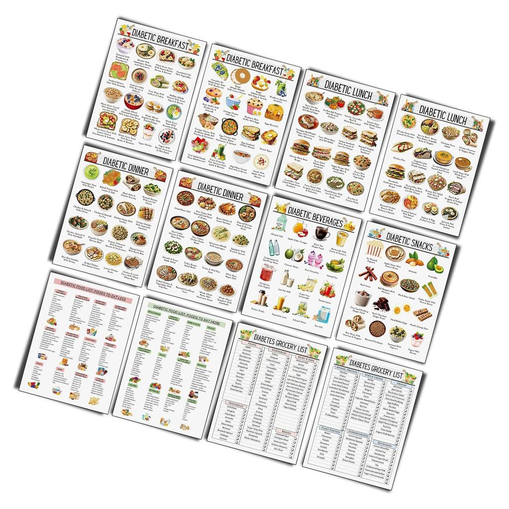 Diabetes Meal Planner Foot List Chart Set of 12 Dietary Reference Sheets for Diabetics Healthy Eating Habits 8x10Inch