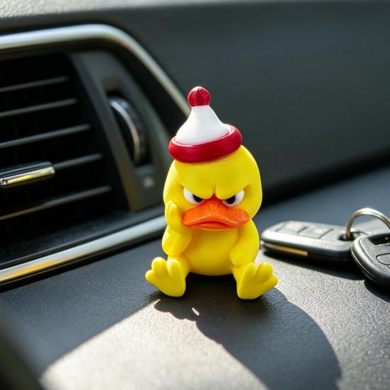 Creative Holiday Gifts 3D Printed Yellow Duck Figurine, Funny Arrogant Statue with Christmas Three Dimensional Figurine Hat, Miniature Ornament