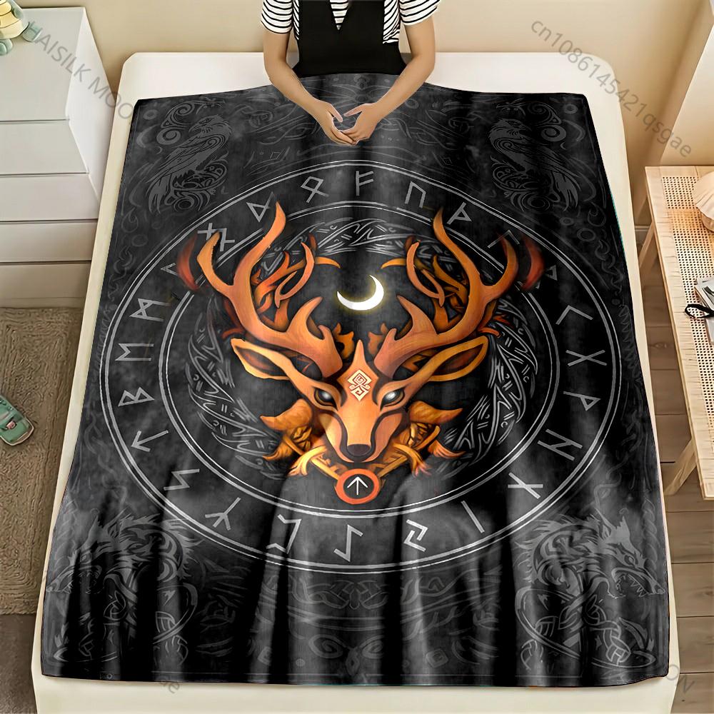 1 Stück Wikinger Runen Hirsch Halbmond Totem Druck Erwachsene Kinder Warme Decken Zuhause Reise Auto Weich Bequem Geeignet für alle Jahreszeiten