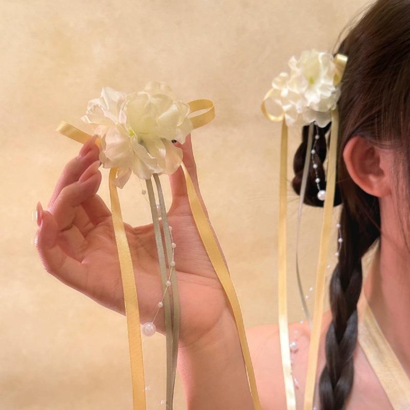 Spring New Chinese Headdress Floral Ribbon Ballet Style Bow Fringed Streamer Decorative Hairpin