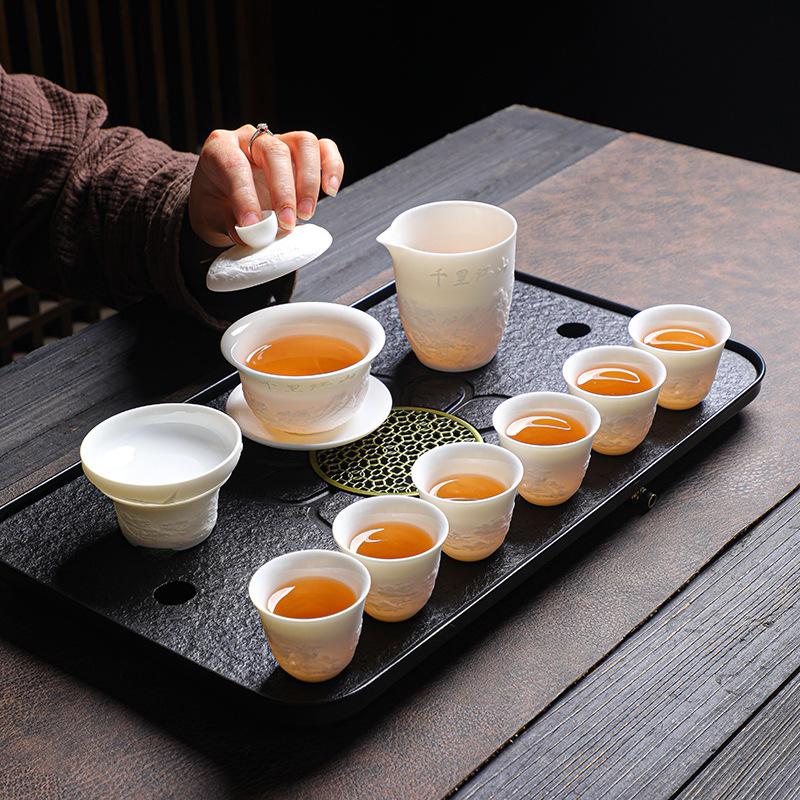 Dehua Relief Suet Jade Kung Fu Tea Set, Business Home Gift Set, Gift Belt Gift Box