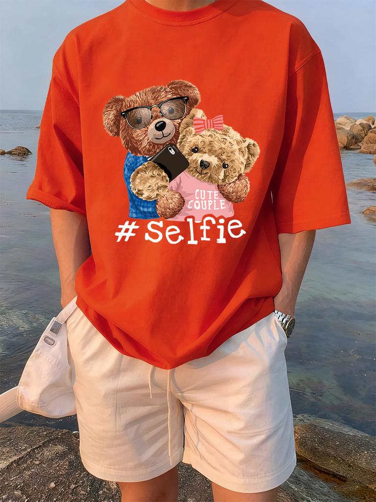 Cute Couple Bears Selfie Printing TShirts Womens Summer Cotton Short Sleeve Tees Loose ONeck Comfortable Tops Casual Clothes
