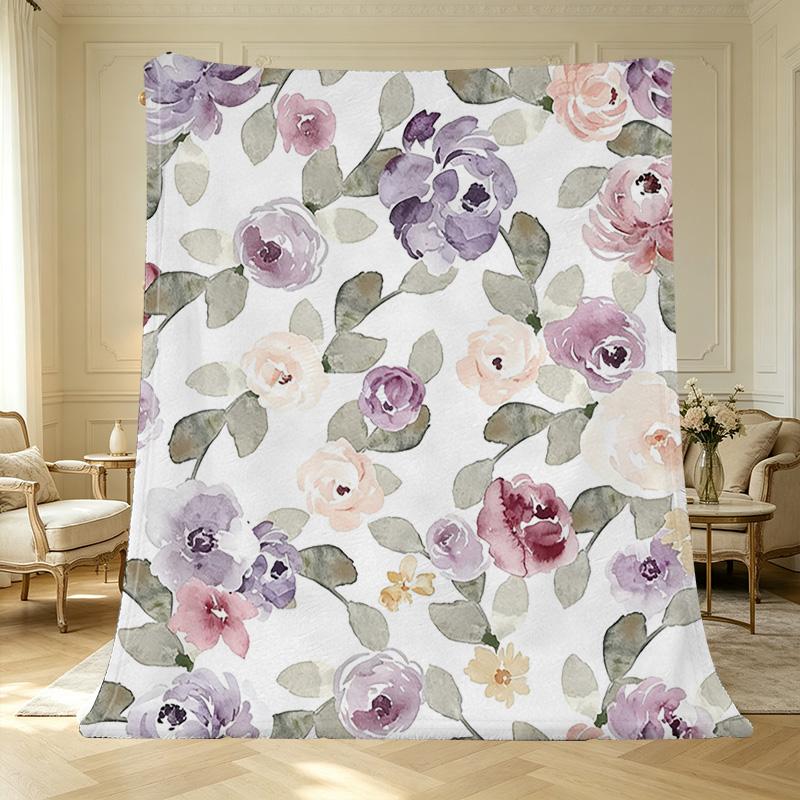 Non-Shedding Flannel Fleece Throw Blanket, Soft Cozy Watercolor Floral, Warm Home Blanket for Halloween Christmas, Couch Movie Nights