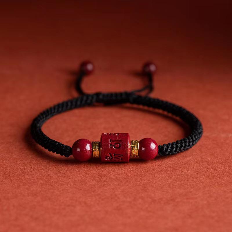Genuine Cinnabar & Raw Stone Beaded Bracelet - Six-Syllable Mantra for Men's & Women's Benming Year, Handmade Woven Red String for Couples