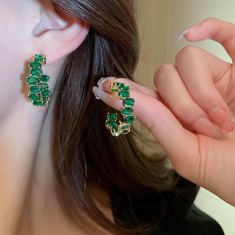 Emerald Oval Crystal Hoop Earrings for Women Fashion Rhinestone Design Circle Earrings 2023 Trend Girls