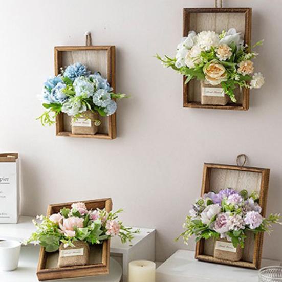 Artificial Hydrangea Wall Hanging Decoration Fake Silk Flower Plants Wooden Fame Decor Home Office Living Room Bedroom Wall Art Ornament
