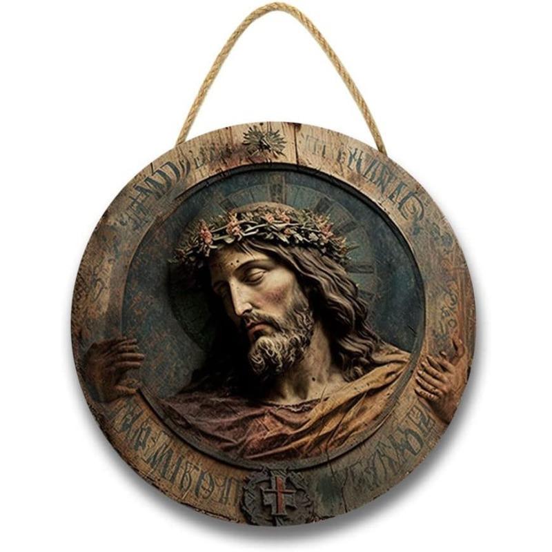 Religious Wall Decor Jesus Christ Artwork Wooden Painting Wall Art Pictures Rustic Wall Hanging Wooden Home Sign Wall Decor Poster with Rope for Livin