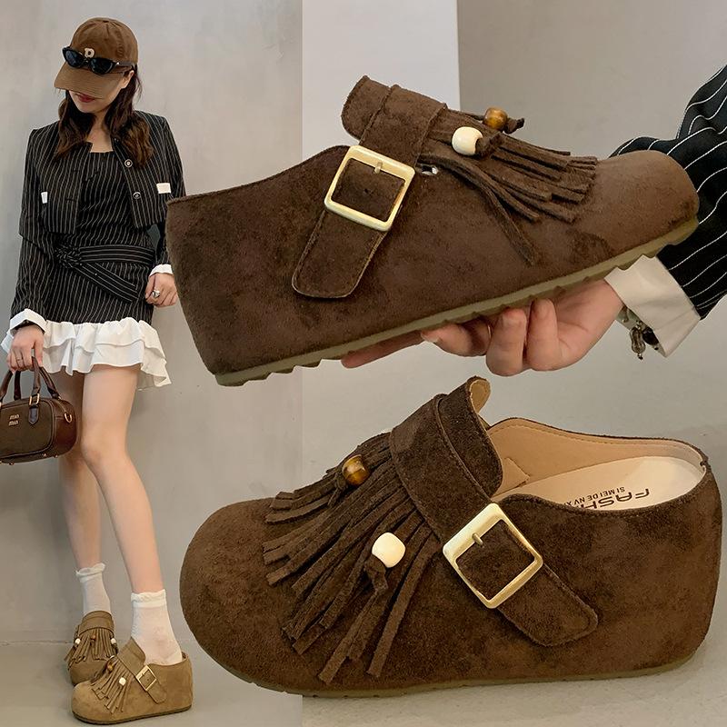Sheepskin board~ Boken single shoes women's height increase 7CM new ugly and cute Muller one-pedal thick-soled retro baotou half slippers