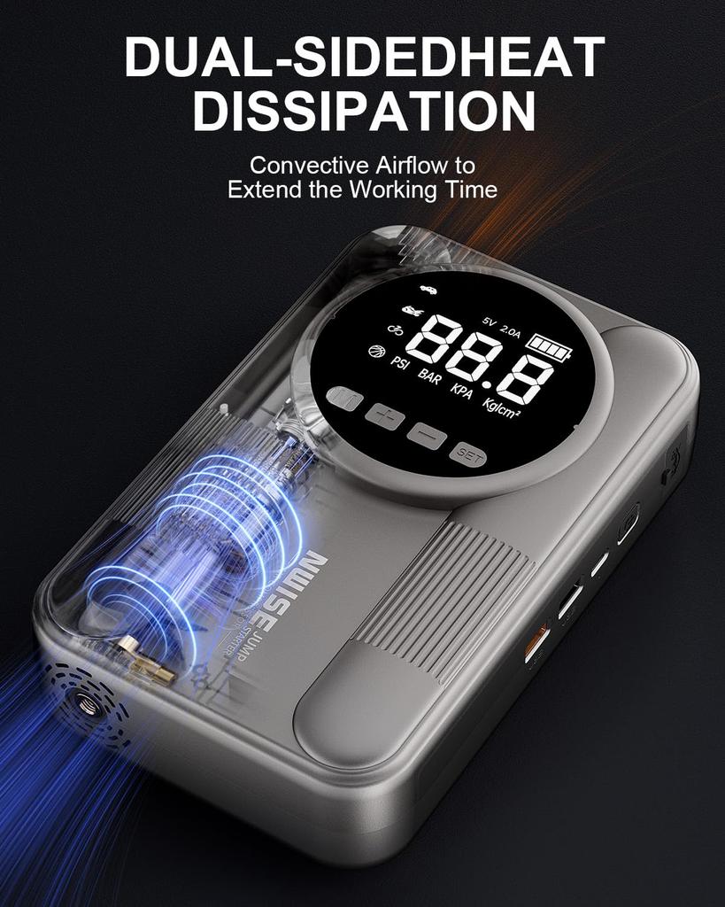 NWISE Jump Starter with Air 6000A Peak Electric Air LED Safety Japanese Instruction PSE Certified Built-in Compressor, Current, Pump, Multi-Function,